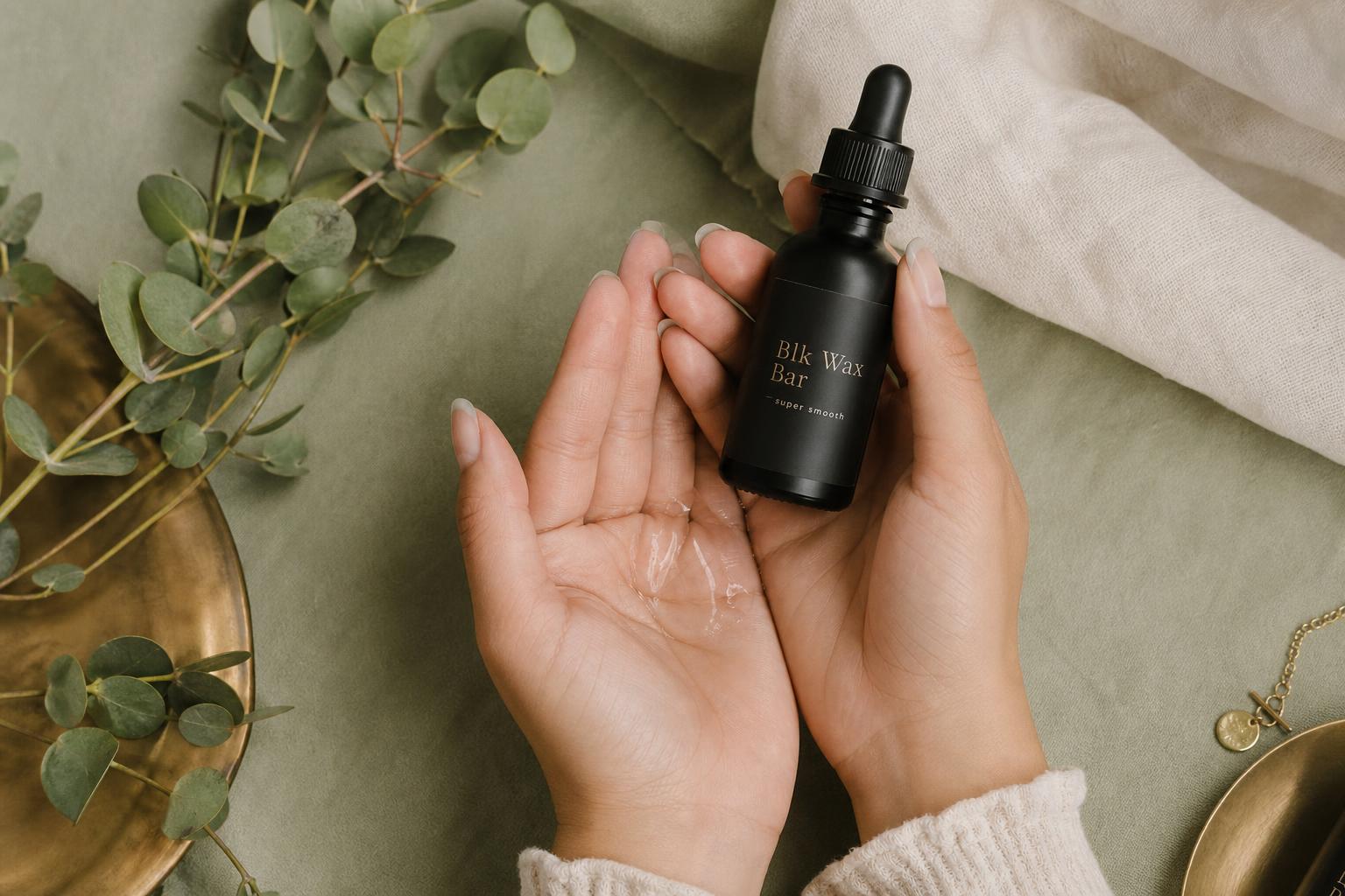 BLK Wax Bar skincare collection — ingrown hair serum, exfoliating scrub, and feminine wash on cream linen